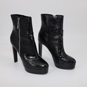GUESS Women's Black Croc-Embossed High Heel Ankle Boots - Stylish Zip Detail